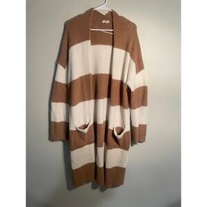 Thread‎ & Supply Tan and Cream Striped Teddy Longline Cardigan Size Large